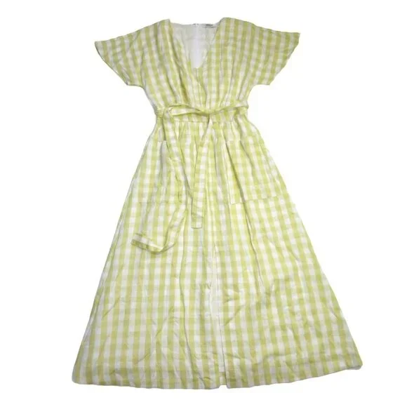 NWT Madewell Dolman-Sleeve Tie-Waist Midi in Pear Gingham Check Apron Dress 00 - Picture 7 of 9
